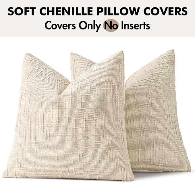 MIULEE Chenille Textured Euro Throw Pillow Covers Beige 24x24 Set of 2 | Slubby Decorative Pillows, Boho Farmhouse Home Decor, Modern Neutral Cushion Covers for Couch Sofa Bed Living Room