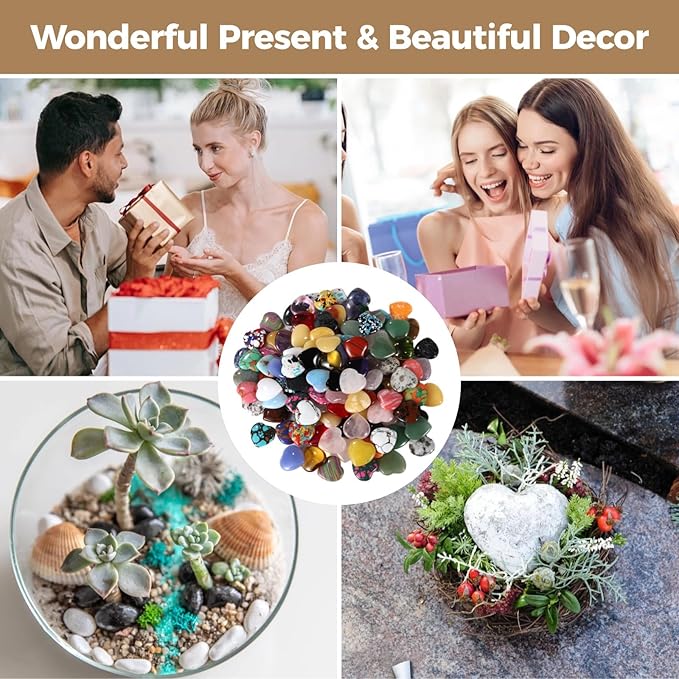 120 PCS Heart-Shaped Natural Stones, 0.8 in Crystal Stones Bulk, Assorted Gemstone Worry Rocks for Yoga Meditation, Pocket Carry, Jewelry DIY, Chakra Balancing, Wedding or Home Decor