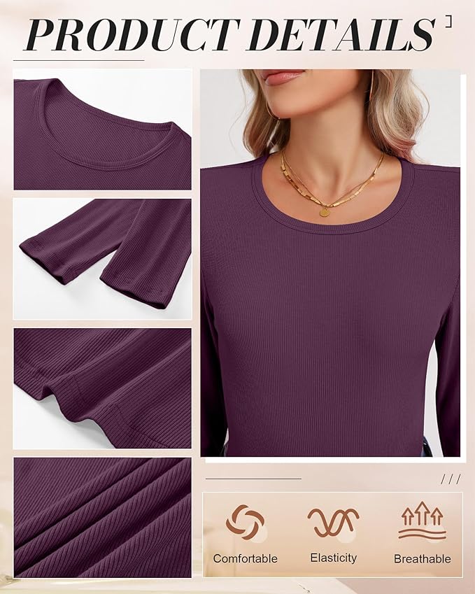 Ficerd 3 Pack Women's Ribbed Long Sleeve Tops, Crew Neck Slim Fit Undershirts Knit Basic Casual Stretch Layering Tee Shirts