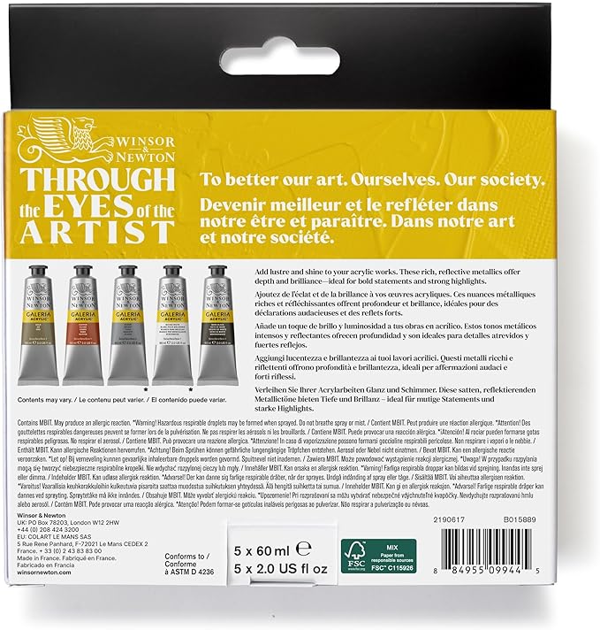 Winsor & Newton Galeria Acrylic Paint Set, 5 x 60ml (2-oz) Tubes, Metallic