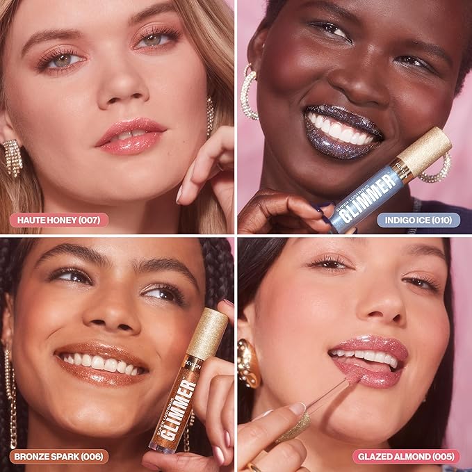 REVLON Super Lustrous Glimmer Gloss, Non-Sticky Lip Gloss, High-Shine Finish, Plant-Based Glitter, 005 Glazed Almond, 0.13 fl oz