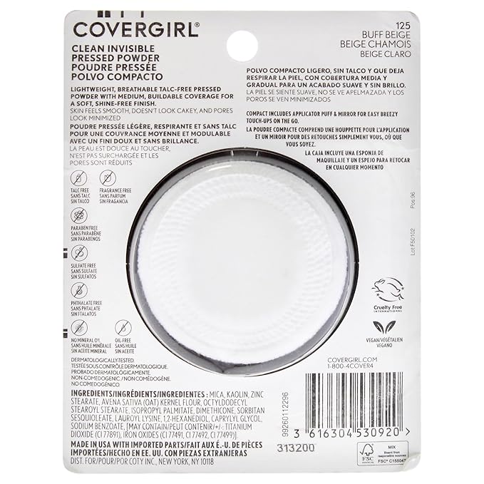 Covergirl Clean Invisible Pressed Powder, Lightweight, Breathable, Vegan Formula, Buff Beige 125, 0.38oz (Pack of 2)