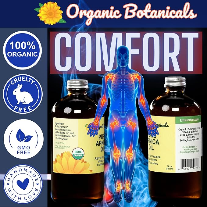 Arnica Oil - Pure Organic Muscle Discomfort Bottle - Arnica Montana Oil for Arthritis, Bruising & Swelling, Muscle, Joint Discomfort, and Sports Injuries, Arnica Massage Oil, 16 oz