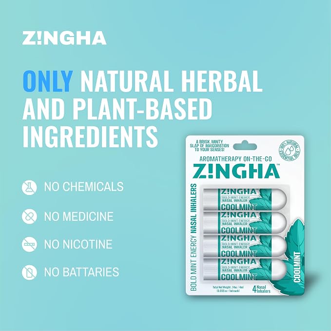 Z!NGHA Natural Aromatherapy Nasal Inhaler Stick for Sinus Relief, Focus & Stress Relief | Portable Dual-Hole Essential Oil Blend (4PK, Coolmint)