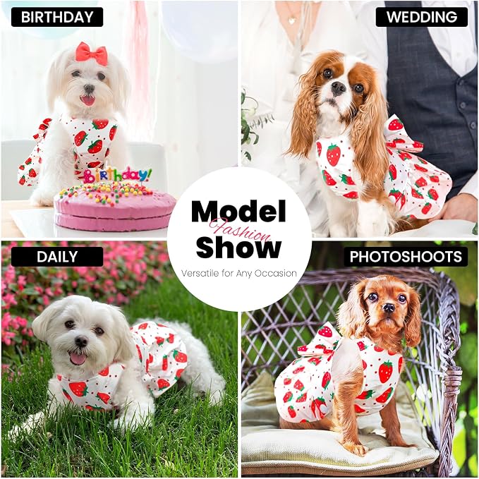 ABRRLO Cute Dog Dress Small Dog Clothes for Girls Female Puppy Outfits Red Strawberry Pet Summer Clothes Bowknot Doggy Cat Princess Dresses Harness for Holiday Birthday Party Costume Clothing (Red,M)