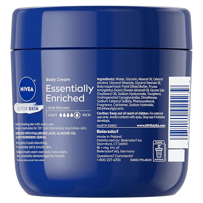 NIVEA Essentially Enriched Body Cream for Dry to Very Dry Skin with Hyaluronic Acid, Deep Nourishing Serum and Almond Oil, 72-Hour Body Moisturizer, 13.5 Oz Jar