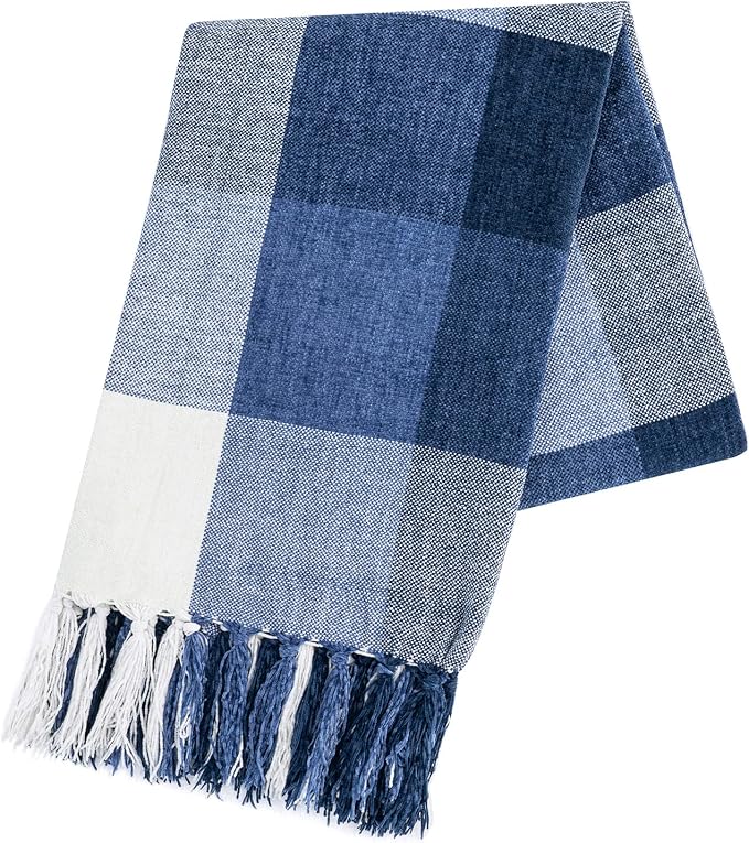 RECYCO Buffalo Plaid Chenille Throw Blanket, 50"x60", Navy Off White | Super Soft Knit Throw Blanket with Tassels, Lightweight, Cozy, Farmhouse Decor, Ideal for Couch Sofa Chair Bed Living Room