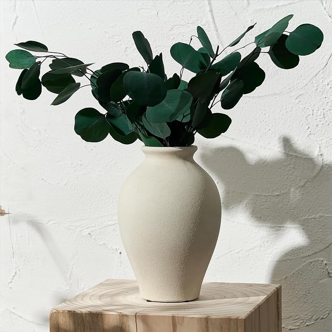 SIDUCAL Ceramic Vintage Flower Vase | 9 Inch Large Pottery Rustic Farmhouse Boho Vase for Home Decor, Table, Living Room, Bathroom, Coffee Desk, Shelf, Mantel Decoration, Wedding, White
