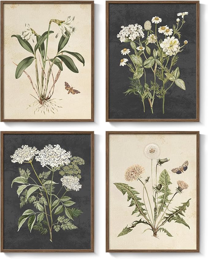 Framed Vintage Botanical Floral Wall Art for Bedroom, 4 Piece 11x14 In | Farmhouse wall decor, Flower pictures, Rustic retro paintings, Ready to hang canvas prints, Kitchen bedroom living room decor