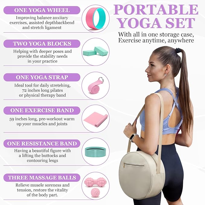 All in One Yoga Wheel Set, Soft Foam Roller Wheel for Back Pain & Stretching, Yoga Blocks 2 Pack with Strap, Trigger Point Therapy Massage Ball for Deep Tissue, Yoga Starter Kit for Beginner