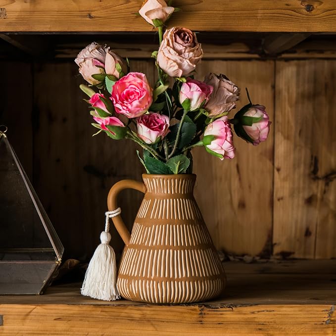 Mowtanco Rustic Farmhouse Vase with Handle and Tassel, Vertical Stripes Terracotta Pottery - Vintage Ceramic Clay for Home Décor, Shelf, Table, Bookshelf, Mantle, Entryway