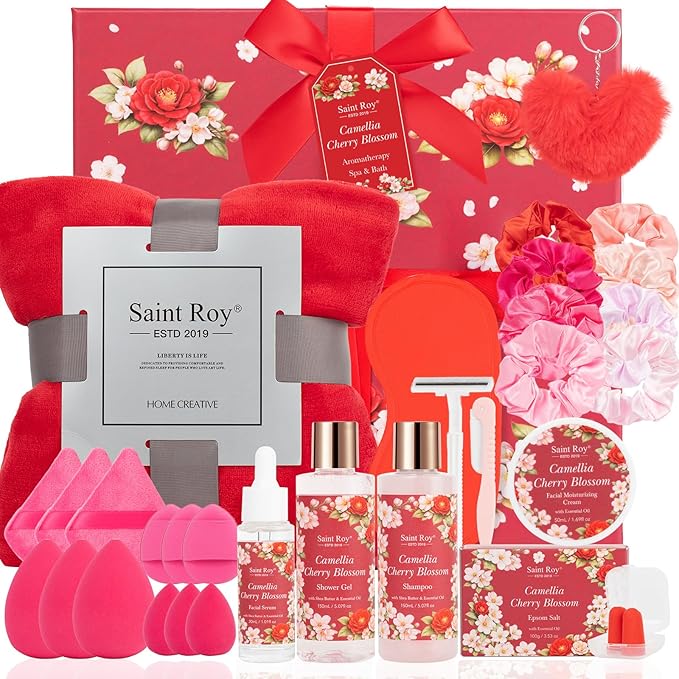 35 Pcs Valentines Day Gift for Women, Cherry Blossom Rose Bath and Body Basket Gift, Face Skin Care Kit, Home Spa Self Care, Lip Gloss, Birthday, Christmas, Mother, Bridal Shower, Anniversary