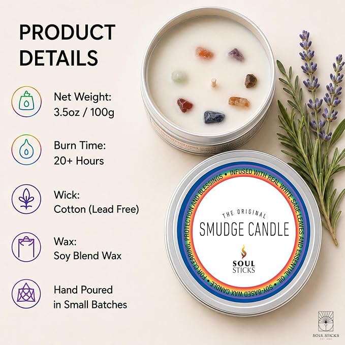 SOUL STICKS Smudge Candle for Cleansing House, Meditation, Chakra Healing, Aromatherapy | 3.5 Ounce Smudge Candle for Spiritual Cleansing (7 Chakras)