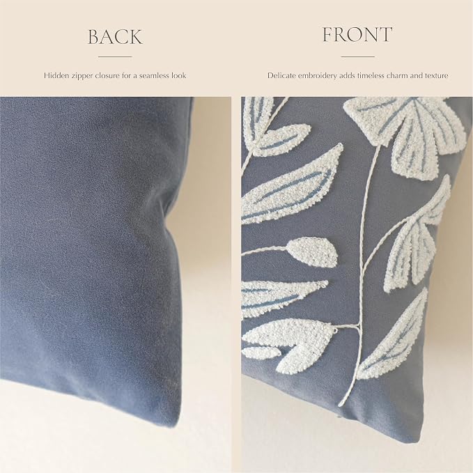 Decorative Lumbar Pillow Cover 12x20, Coastal Dusty Blue Accent Velvet Throw Pillowcase for Couch Sofa Living Room, Floral Tufted Rectangular Cushion, Cover Only