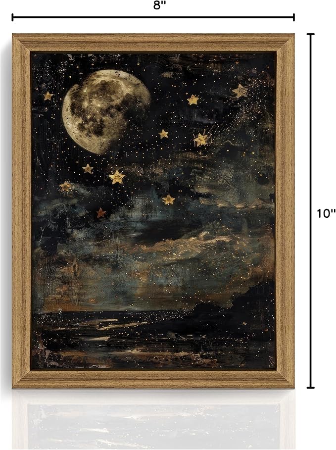 ICHZUMW Framed Moon and Stars Celestial Vintage Canvas Wall Art 8x10 In | Dark Moody Night Sky Painting, Gothic Dark Academia Wall Decor for Bedroom Living Room Bathroom Office, Ready to Hang