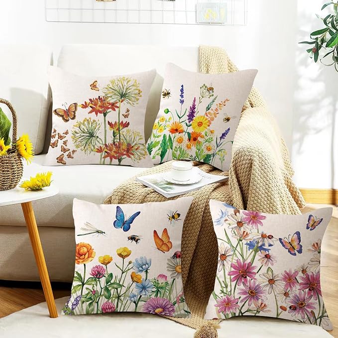 wyooxoo Throw Pillow Covers 20x20 Set of 4 Summer Spring Pillow Covers Flower Butterfly Farmhouse Cushion Case for Sofa Couch Outdoor Patio