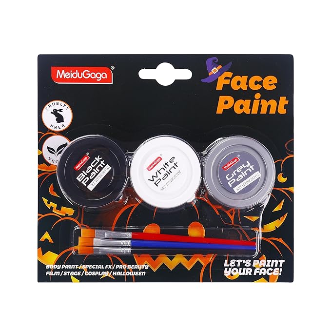 White Black Silver Face Body Paint with 3 Brushes, 60g(2.1 oz) Face Painting Set, Non-Toxic, Water Based Makeup for Halloween, Party, SFX, Cosplay, Theater