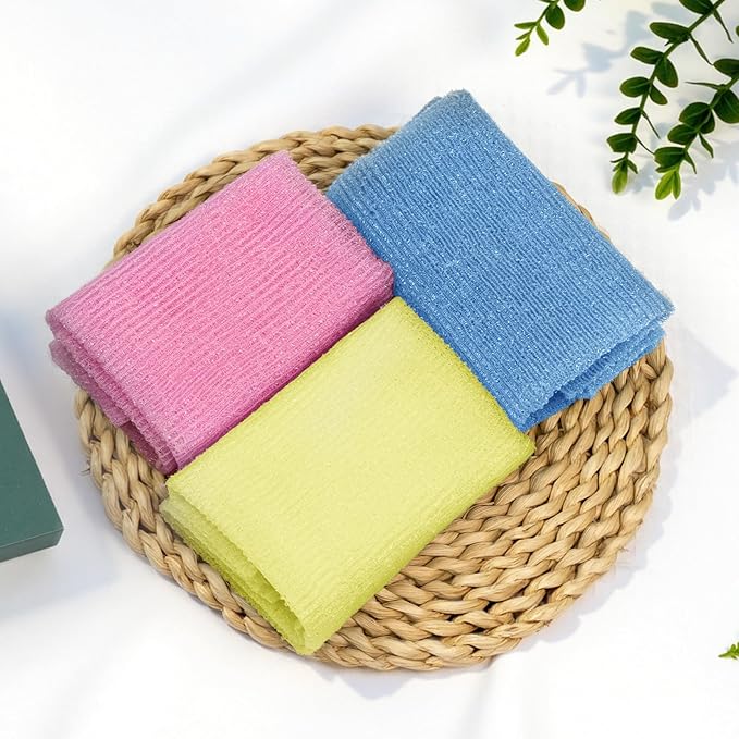 Bathway Exfoliating Washcloth, Nylon Bath Towel Body Scrubber with Hanging Strap, Back Scrubber for Shower Japanese Washcloth Loofah - Deep Clean & Rich Lather (Blue & Rose Red & Yellow, Pack of 3)