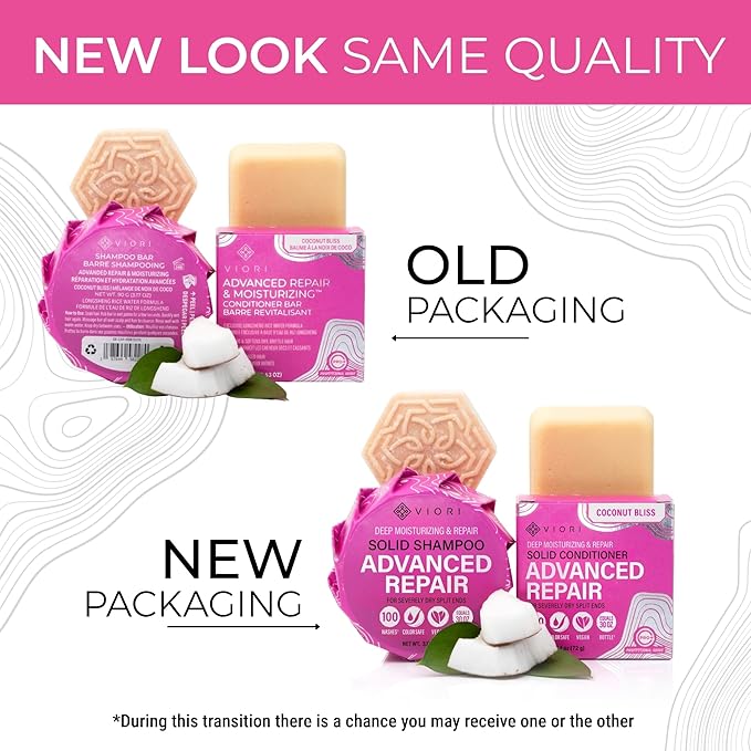 Viori Coconut Advanced Repair Shampoo & Conditioner Bar Set – Longsheng Rice Water & Jojoba Esters – Sulfate-Free, Eco-Friendly, Travel Bars for Dry or Damaged Hair
