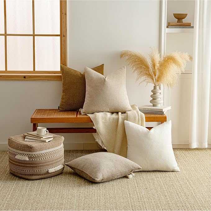 Fall Decorative Throw Pillow Covers Pack of 2,20x20 Inch Warm Brown | Twill Chenille Cushion Covers for Sofa Living Room Couch Bed