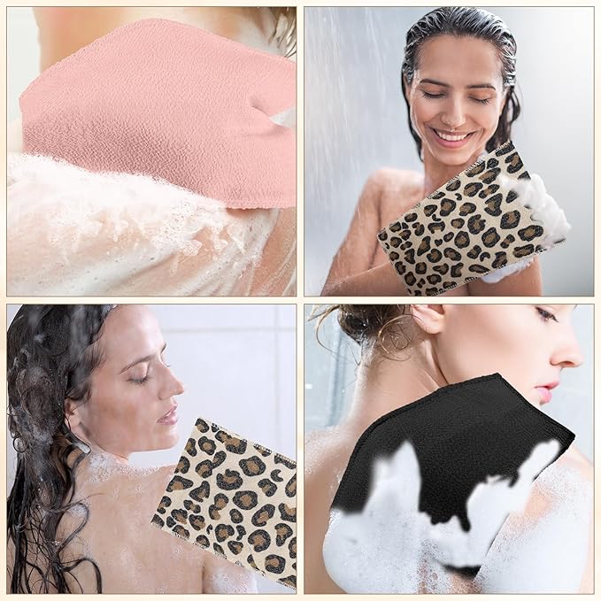 Tatuo 12 Pieces Korean Exfoliating Mitt Glove Italy Towel Skin Body Scrubber Exfoliating Scrubber for Remove Dead Skin Wash Cloth Korean (Small,Pink, Black, Print Leopard)