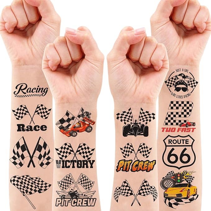 96 PCS Funny Race Car Checkered Flag Pre-Cut Black and White Temporary Tattoos Sticker Birthday Party Decorations Supplies Favors Gifts Boys Girls Men Cute Racing Fake Tattoo School Prizes (Normal)