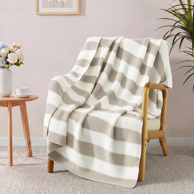 Soft Throw Blanket for Couch-Cozy Reversible Knitted Blankets | Lightweight Warm Fluffy Decor for Women, Mom, Her & Girls, Sofa, Chair, Bed, 50x70in, Feather Yarn Khaki