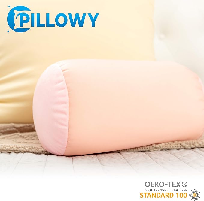 Microbead Bolster Neck Roll Pillow, Gently On Body, Head, Neck & Shoulders No Pain Rest, Relax Sleep - Silky Feel Prevent Wrinkles & Hair Breakage - Lightweight Cylinder Tube, 14" x 8", Cream Peach