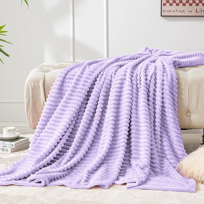 BEDELITE 3D Ribbed Pastel Lilac Fleece Twin Blanket for Bed, 60x80 Inch | Soft Warm Decorative Fluffy Blanket, Cozy Plush Lightweight Fuzzy Throw Blanket for Couch Sofa Room Decor, Gift for Women