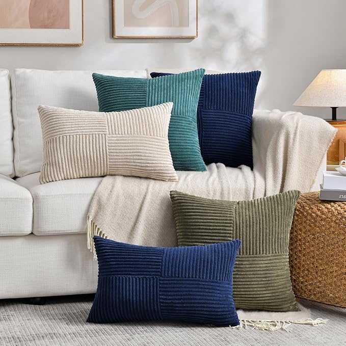 Fancy Homi Set of 1 Tan Lumbar Decorative Throw Pillow Covers 14x24 Inch for Living Room Couch Bed Sofa, Boho Home Decor, Soft Striped Corduroy Rectangle Accent Beige Cushion Case 35x60 cm