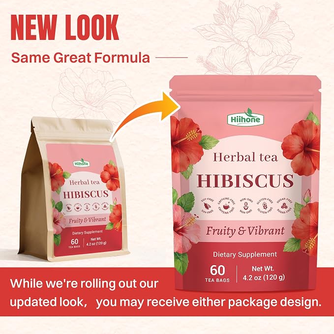 Hiihone Hibiscus Tea Bags 60 Count – Pure Hibiscus Flower Herbal Tea, Caffeine-Free, Tart & Refreshing Flavor, Rich in Antioxidants, Non-GMO, Natural Herbal Tea for Hot or Iced Tea