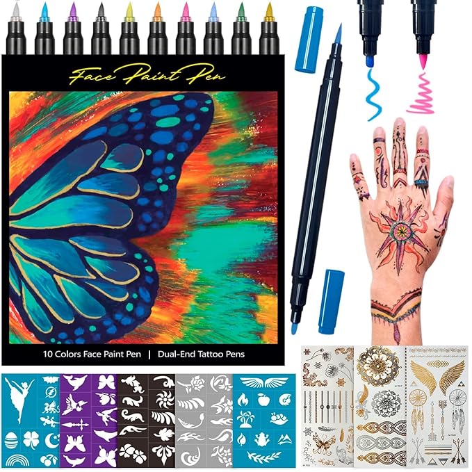 Temporary Tattoo Markers for Skin - Dual Tip 10 Colors Tattoo Pens for Skin Temporary, Washable Metallic Tattoo Markers with Stencils, Flexible Body Markers, Skin-Safe Face Paint Kit for Kids Adults