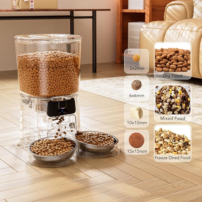 Petrice Automatic Cat Feeder with Camera for 2 Cats, 6L WiFi Smart Pet Feeder with APP Control, 1080P HD Video, Voice Call, Motion Detection, Dual Power Supply, for Dogs Cats, Small-Pet (White, 6L)