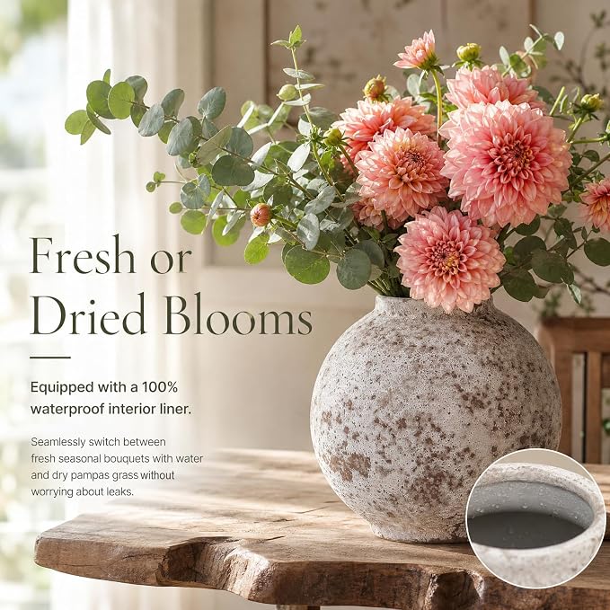 Ceramic Flower Vase, 5.5 Inch Round Textured Vase for Home Decor | Handmade ceramic vase with unique textured design, perfect for living room shelves, tables, centerpieces and farmhouse decor.
