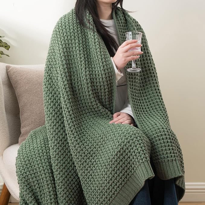 Sage Green Waffle Knit Throw Blanket for Couch, Chenille Blanket 60x80 in | Chunky Knitted Blanket, Soft Green Throw Blanket for Home Decor, Sofa, Spring, Modern Farmhouse Blanket Throw