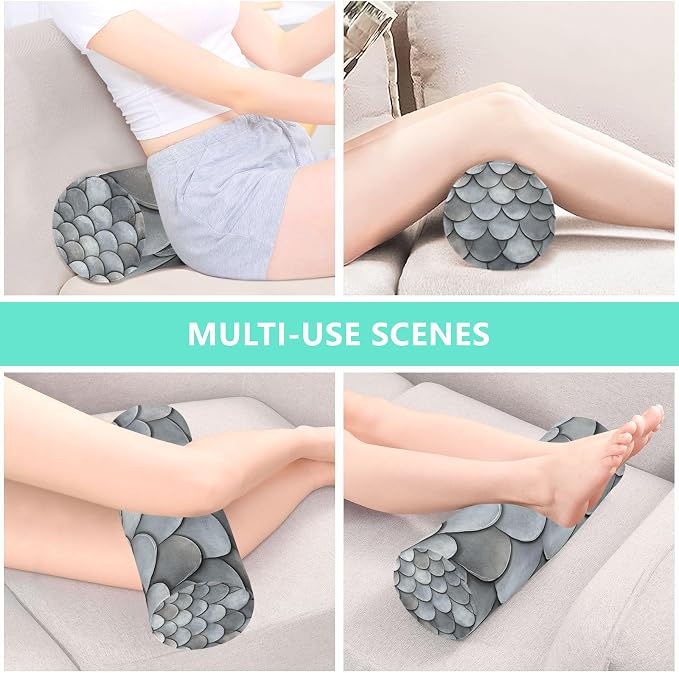 Grey Fish Scale Neck Roll Pillow Bolster Round Health Memory Foam Long Cervical Cylinder Pillows with Removable Washable Cover for Body Bed Legs Back Yoga