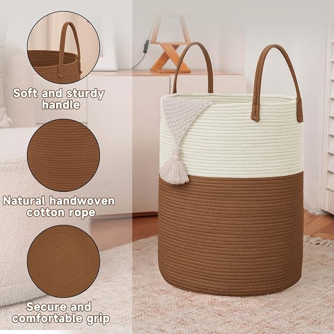 JMvicyroam 60L Cotton Rope Laundry Basket Hamper, White and Brown | Collapsible laundry basket, reinforced handles, freestanding, machine washable, holds 3-5 thick blankets, clothes or toys