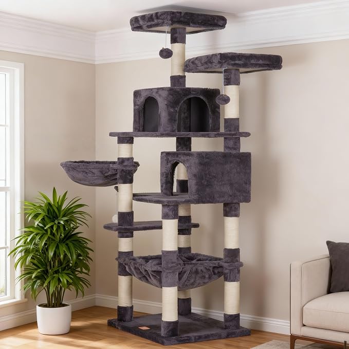 Heybly Cat Tree, 70 inches Tall Cat Tower for Indoor Large Cats HCT032G | Big Cat Condo with Toy , Cat House Furniture with Padded Plush Perch, Cozy Hammock and Sisal Scratching Posts, Smoky Gray
