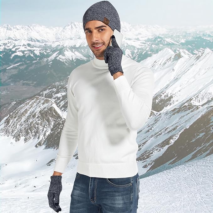 Winter Warm Beanie Hat Touchscreen Gloves Set, Soft Skull Cap Gloves Set for Men and Women with Warm Knit Fleece Lined