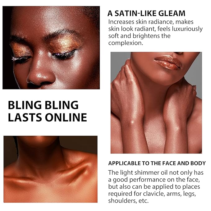 Shimmer Body Oil 4 Colors Face Glitter Summer Body Makeup Moisturizing Light Shimmering Glow Non-Sticky Party Luminizer and Illuminator Smooth (2.8 Fl Oz Pack of 1, Golden Brown)