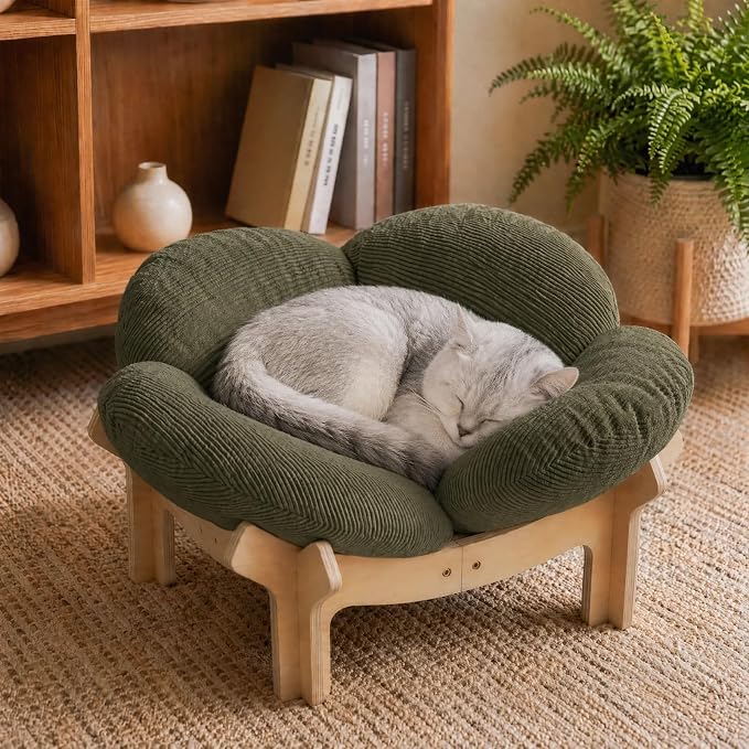 Elevated Flower Cat Bed Wooden Removable Cushion for Indoor Cats Small Dogs | Pet Couch Sofa with Fluffy Cushion, Raised Kitty Lounge Chair Suitable for Puppy, Modern Cat Furniture (Green)