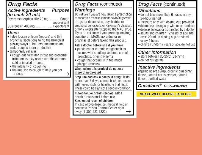 Genexa Clean Cough & Chest Congestion Relief, Dye Free, 0% Artificial Additives, Multi-Symptom Maximum Strength Relief Cough Syrup, Cough Suppressant & Expectorant, Organic Blueberry Flavor, 6 fl oz