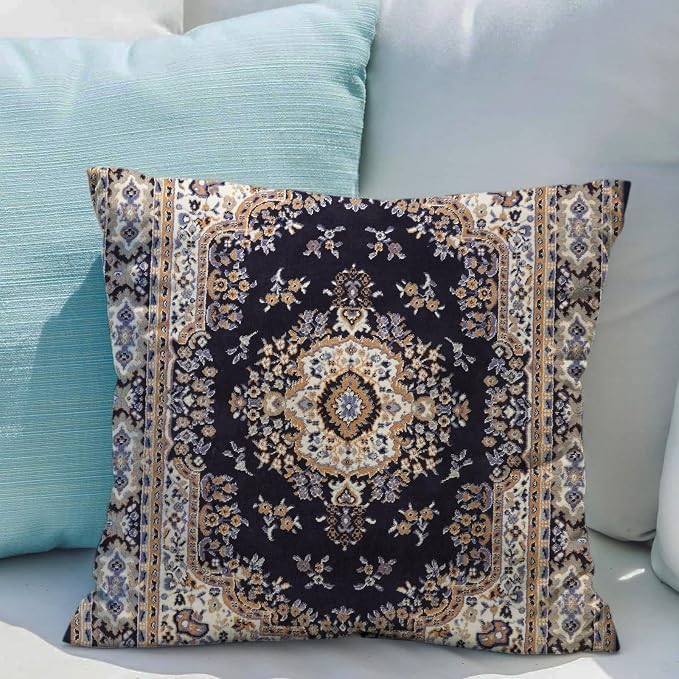 Snycler Boho Throw Pillow Covers 18x18 inch Set of 2 Black Medallion Border Area Rug Double Sided Pattern Cotton Soft Pillow Case Cushion Cover Pillowcase for Couch Sofa Bed Decorative