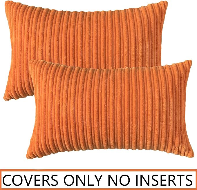 UGASA Fall Decorative Soft Velvet Stripe Lumbar Pillow Covers Set of 2 Solid Corduroy Textured Euro Oblong Cushion Cases for Couch Bedroom Sofa Farmhouse, 12x20 Inch, Orange