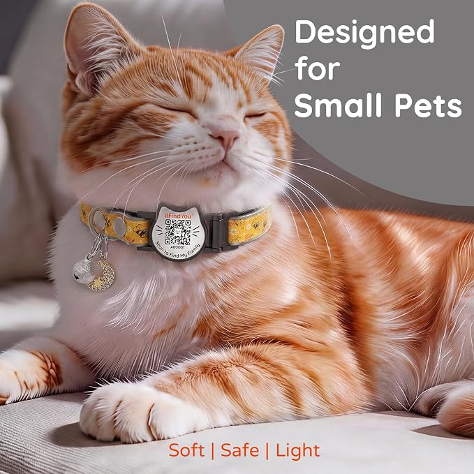 Breakaway Cat Collar QR Code, Reflective Bell, Adjustable Kitten, Bees
