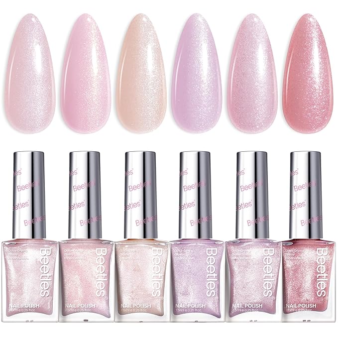 Beetles Pink Nail Polish Set, 6 Colors Glitter Quick Dry Nail Polish Kit Sly Moonlit Fairy Fingernail Polish Gifts for Women Salon DIY Spring Nails