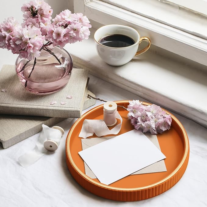 Leather Tray Desktop Storage Organizer, Decorative Tray Set, Orange | Premium Serving Trays Valet Tray for Sundries Cosmetics Phone Wallet Cutlery, Set of 2, Orange Holder with Disc