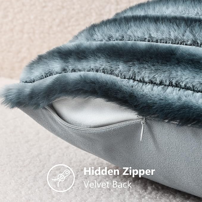 decorUhome Fall Faux Fur Throw Pillow Covers 24x24 Set of 2 Blue Grey | Decorative Soft Cozy Striped Plush Modern Farmhouse Boho Couch Pillow Cases Velvet Back for Sofa Bed Living Room Home Decor