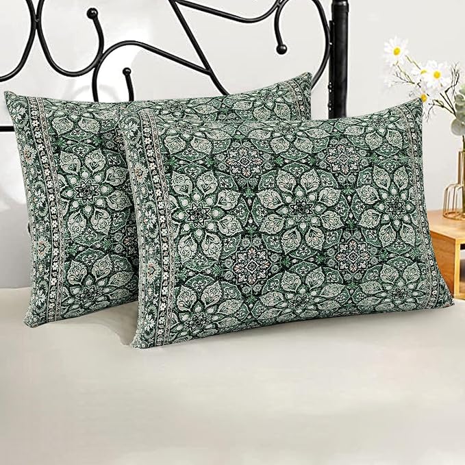 Boho Throw Pillow Covers 12x20 inch Set of 2,Soft Pillowcases Bohemia Carpet Printing Pattern Decorative Sofa Living Room Bed Rectangle Pillow Case Cushion Cover-Green Flower