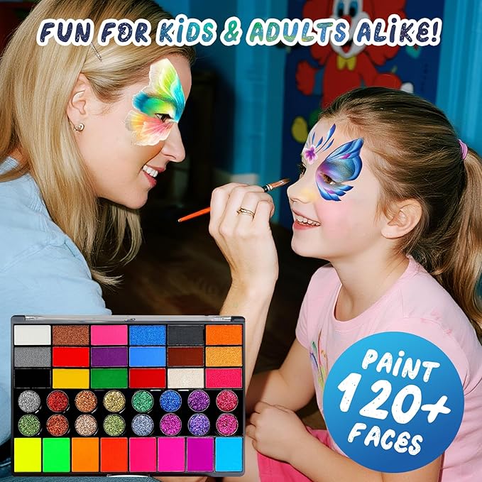 Professional Face Painting Kit for Kids – 42 Color Water-Activated Face Paint Makeup Palette with Stencils, Gems & Brushes – Non-Toxic Body Paint for Parties, Festivals, School Events & Carnival